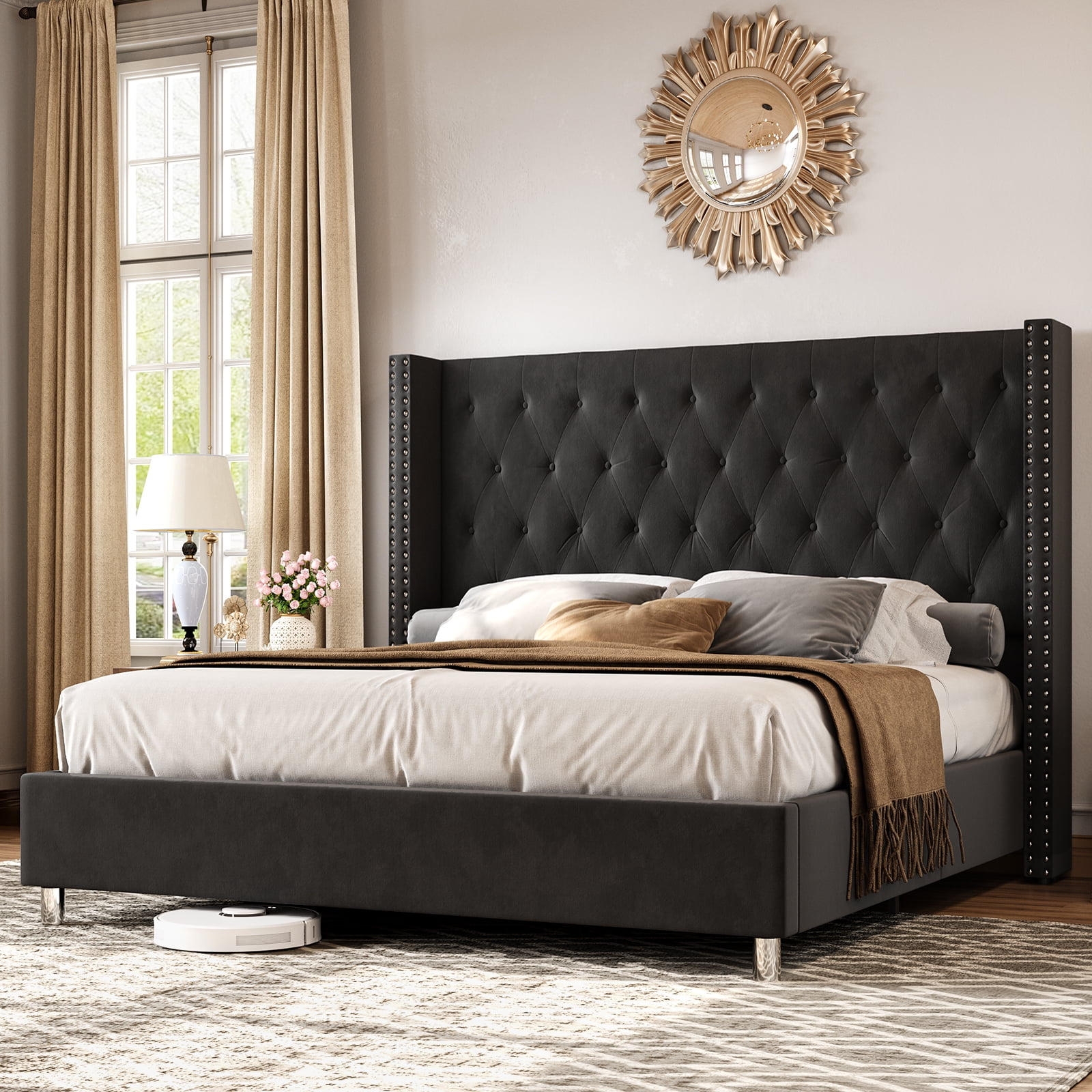 Jocisland Black Queen Bed Frame with Wingback Headboard, Velvet ...