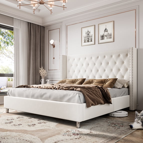 Merluxy Queen Bed Frame Upholstered Bed Wingback Headboard Velvet Tufted Diamond Button/No Box Spring Needed/Easy Assembly/Cream