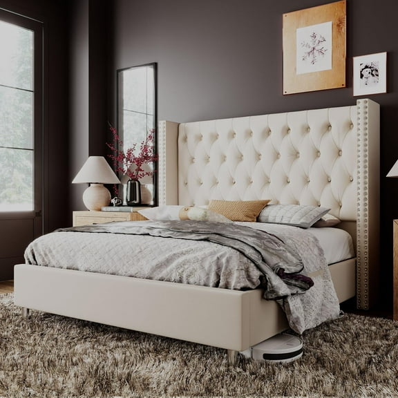 Merluxy Queen Bed Frame Upholstered Bed Wingback Headboard Velvet Tufted Diamond Button/No Box Spring Needed/Easy Assembly/Cream