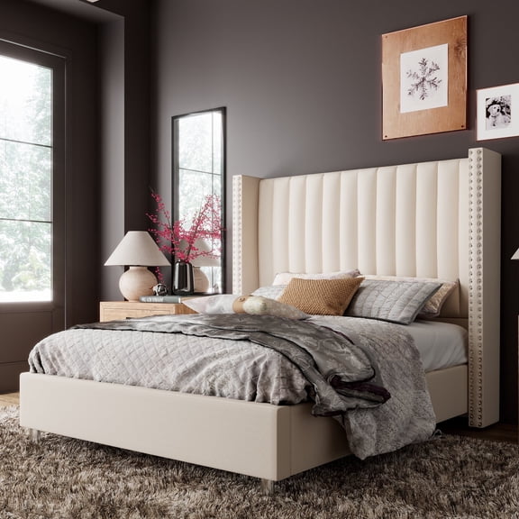 Merluxy Queen Bed Frame and Headboard Upholstered Wingback Bed,Gream