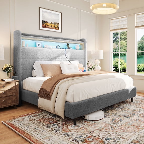 Merluxy Queen Bed Frame for Adult with LED Light,Charging Station and Sherpa Upholstered Headboard,No Box Spring Needed,Grey