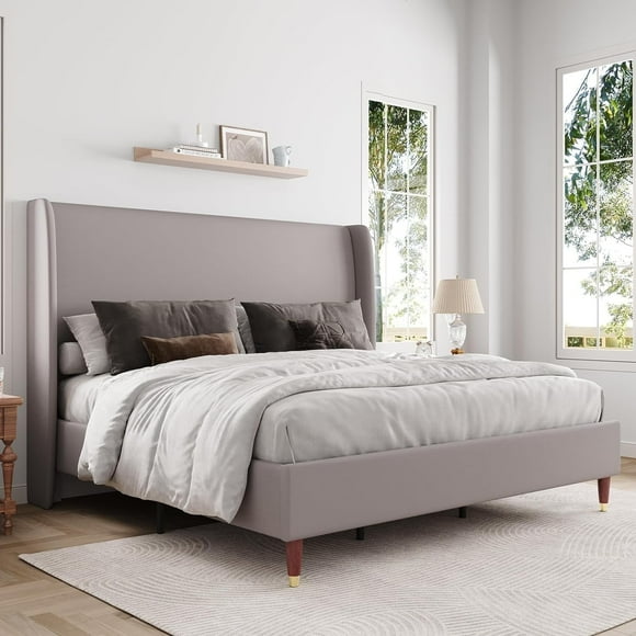 Merluxy Queen Bed Frame with 51.2" Wingback Headboard,Linen Upholstered,No Box Spring Needed,Light Grey