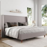 Merluxy Queen Bed Frame with 51.2 Wingback Headboard,Linen Upholstered,No Box Spring Needed,Light Grey