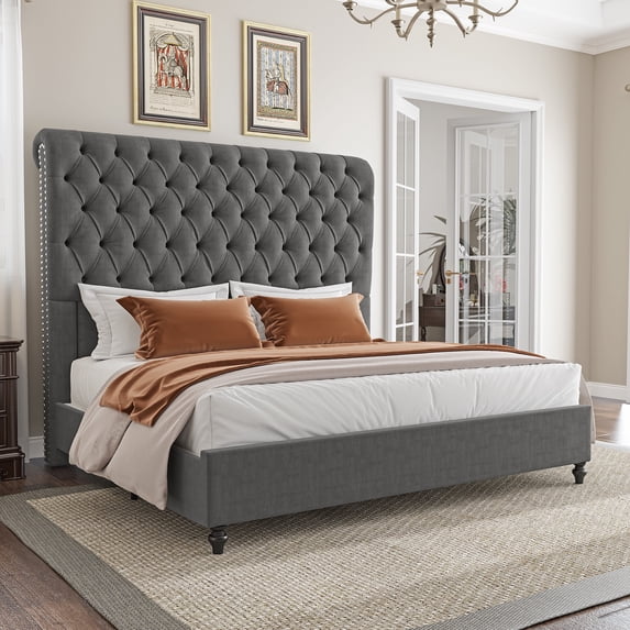 Merluxy Queen Bed Frame with 59.1" Sleigh Headboard,Velvet Upholstered,No Box Spring Needed,Light Gray