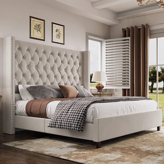 Merluxy Queen Bed Frame with 61.4" Handmade Deep Button Tufted Headboard/Cream
