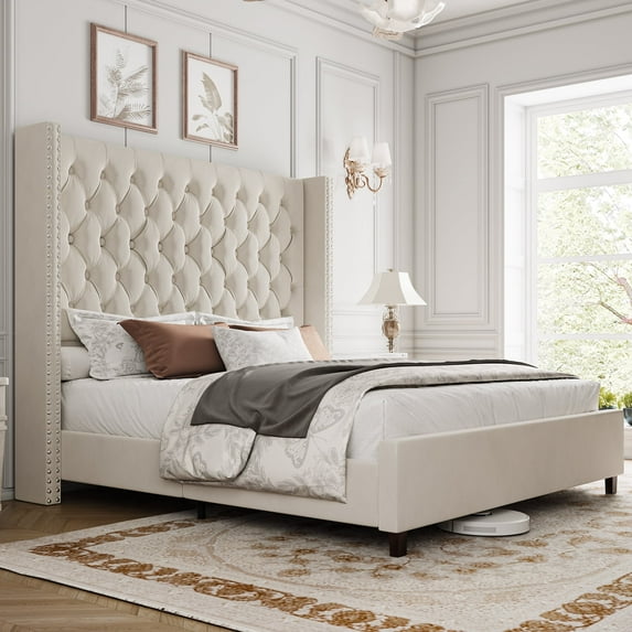 Merluxy Queen Bed Frame with 61.4" Tall Headborad and Deep Button Tufted,No Box Spring Needed,Velvet Upholstered,Cream
