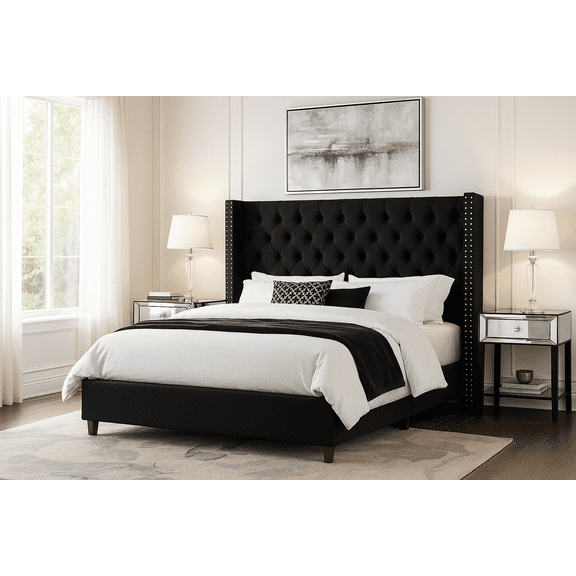 Merluxy Queen Bed Frame with Deep Button Tufted and Velvet Wingback Headboard,No Box Spring Needed,Black