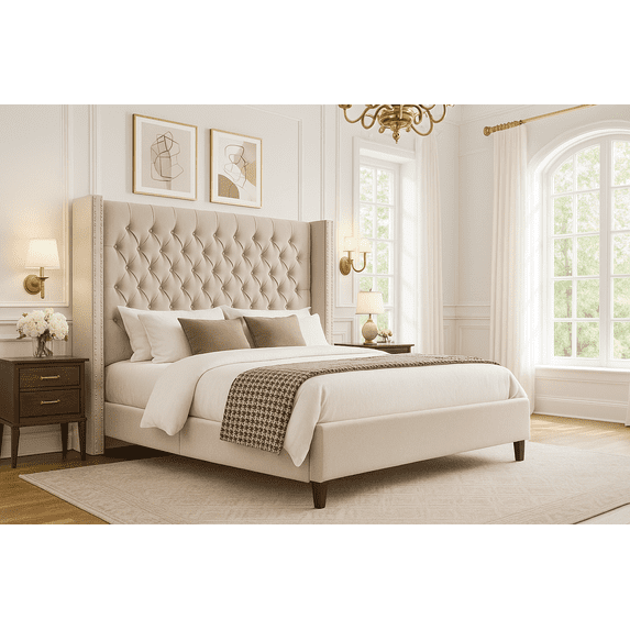 Merluxy Queen Bed Frame with Deep Button Tufted and Velvet Wingback Headboard,No Box Spring Needed,Gream