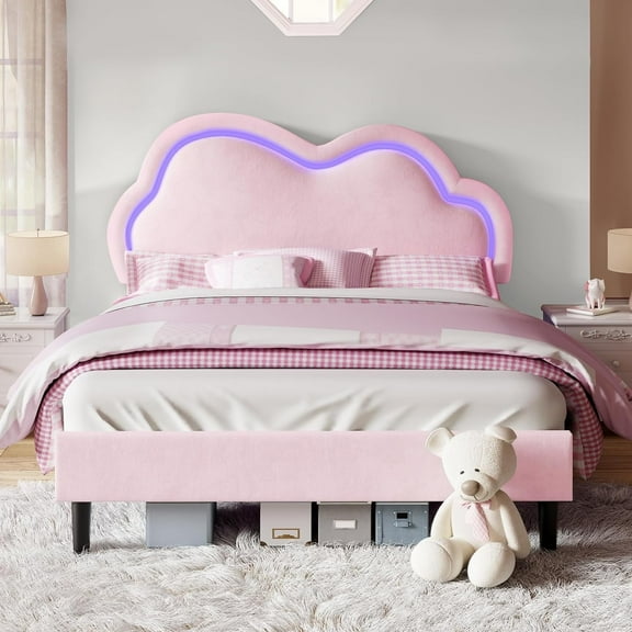 Merluxy Queen Bed Frame with LED Light,Adjustable Cloud Headboard,No Box Spring Needed,Pink