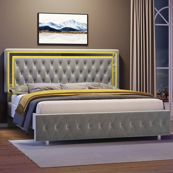 Merluxy Queen Bed Frame with Led Lights Headboard,Acrylic Mirror Accents,No Box Spring Needed,Velvet Light Grey