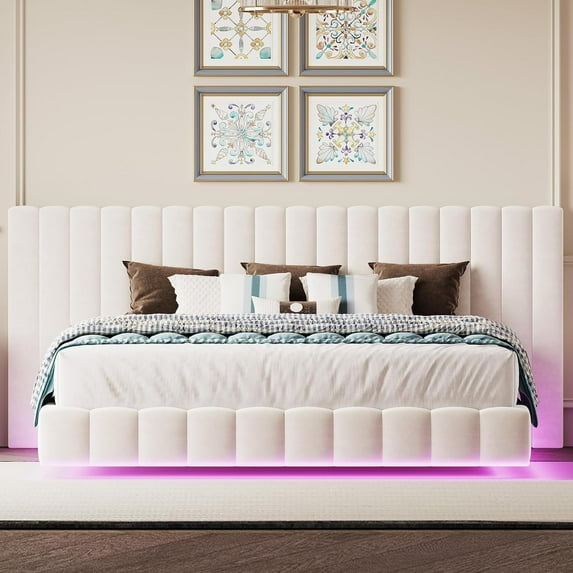 Merluxy Queen Bed Frame with Oversized Headboard,Floating Design,RGB LED Lights,No Box Spring Needed,Velvet Cream