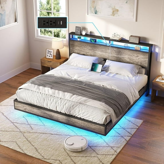 Merluxy Queen Floating Bed Frame with LED Lights, Industrial with Charging Station, 2 Levels Storage Headboard / No Box Spring Needed / Grey