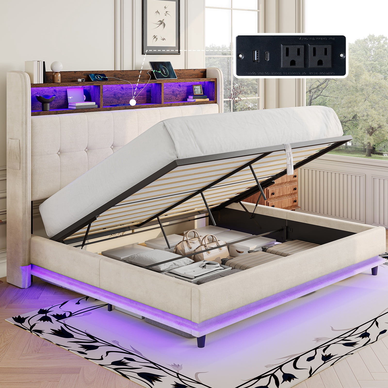 Merluxy Queen Lift Up Bed Frame with Charging Station & LED Lights ...