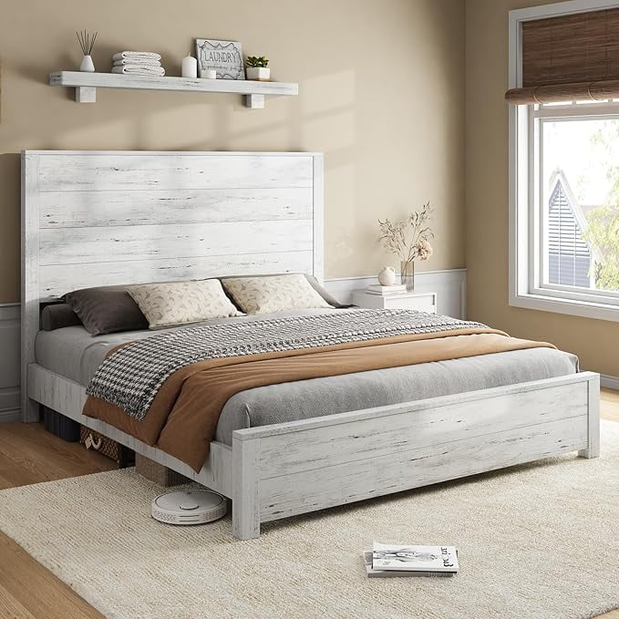 Antique White Pine Wood Queen Bed Frame with Headboard