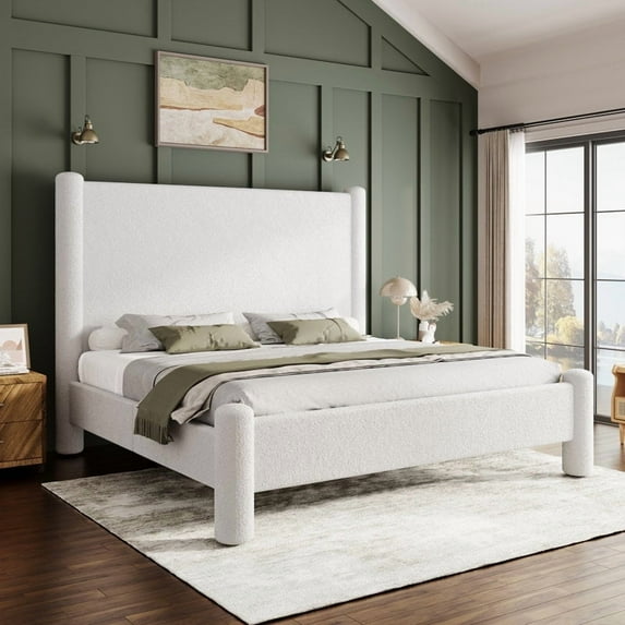 Merluxy Queen Size Bed Frame, Boucle Upholstered Bed Frame with Charging Station, Platform Bed with Soft Rounded Corners, Easy Assembly, White