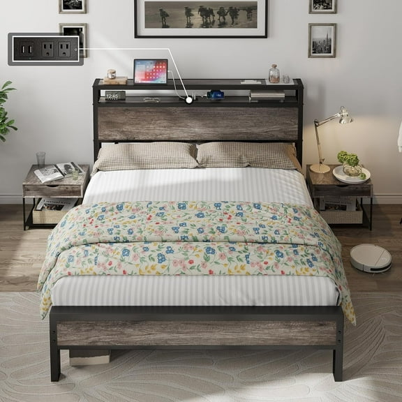 Merluxy Queen Size Bed Frame Industrial Platform Bed with Charging Station, 2-Tier Storage Headboard/ No Box Spring Needed/ Noise-Free/ Rustic Gray