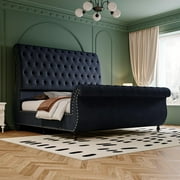 Merluxy Queen Size Bed Frame, Velvet Upholstered Platform Sleigh Bed With Scroll Headboard & Footboard, Button Tufted, No Box Spring Needed, Black