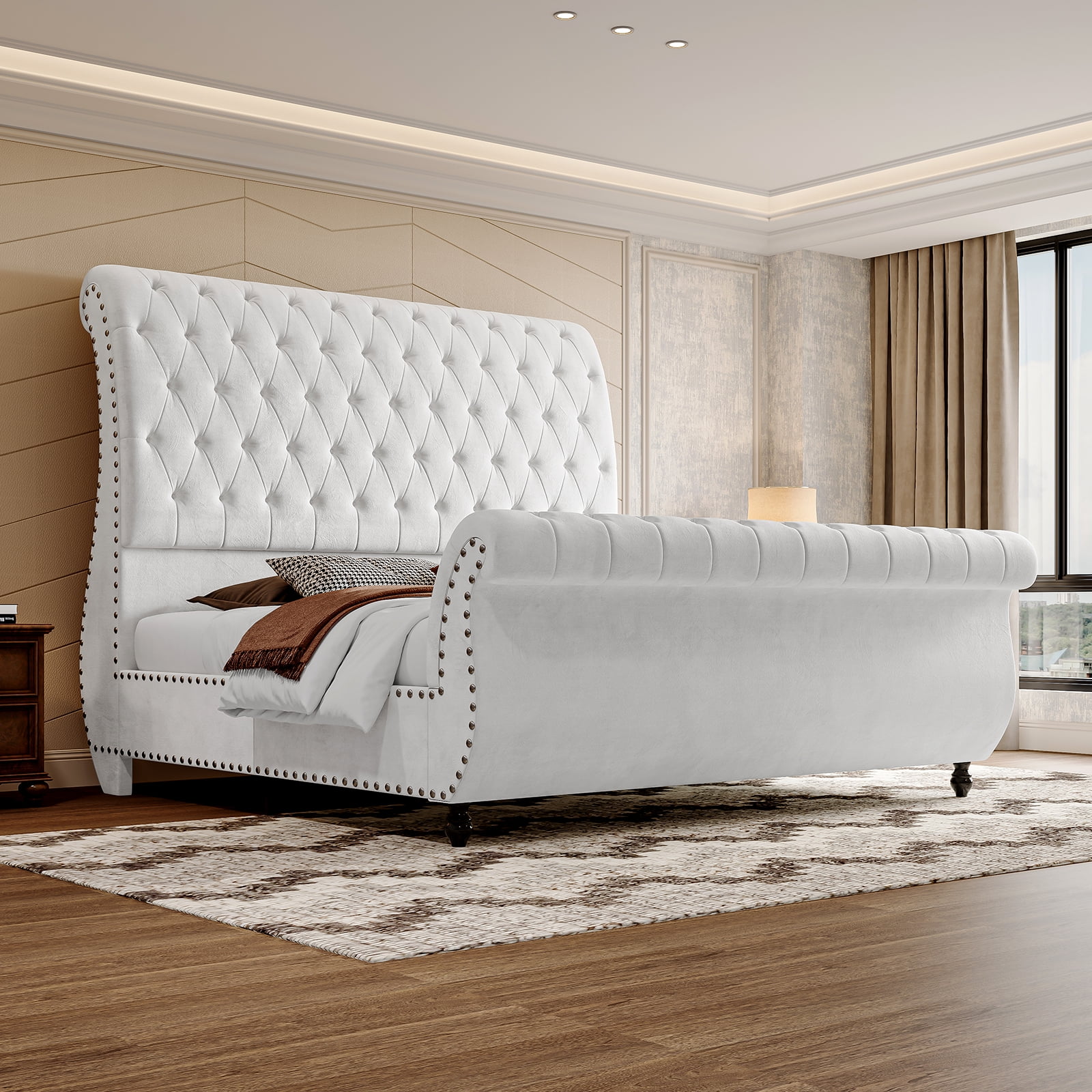 Merluxy Queen Size Bed Frame, Velvet Upholstered Platform Sleigh Bed With Scroll Headboard & Footboard, Button Tufted, No Box Spring Needed,White