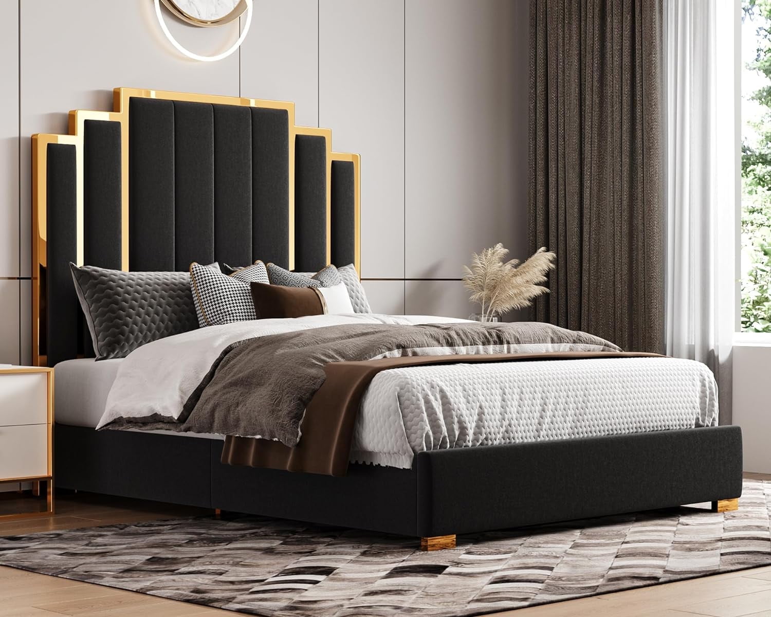 Merluxy Queen Size Bed Frame and 61" Headboard, Upholstered Bed with Golden Plating Trim, Modern Platform Bed No Box Spring Needed, Black