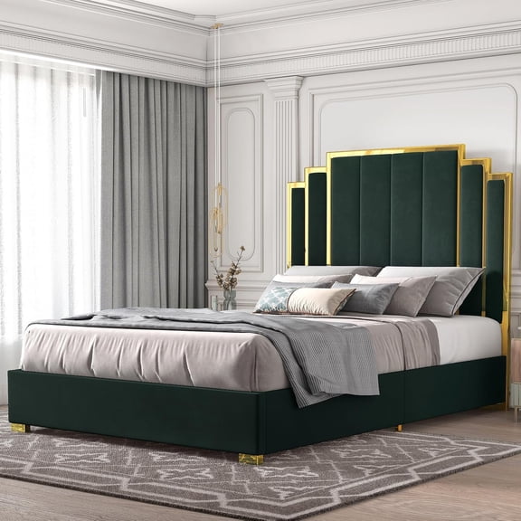 Merluxy Queen Size Bed Frame and 61" Headboard, Upholstered Bed with Golden Plating Trim, Modern Platform Bed No Box Spring Needed, Green