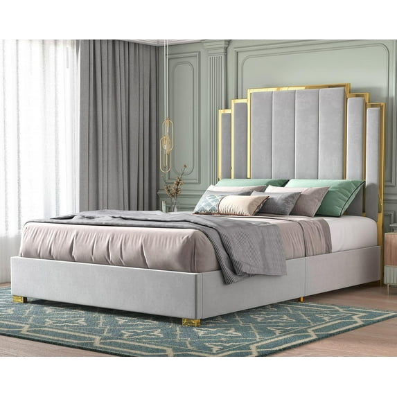 Merluxy Queen Size Bed Frame and 61" Headboard, Upholstered Bed with Golden Plating Trim, Modern Platform Bed No Box Spring Needed, Light Grey