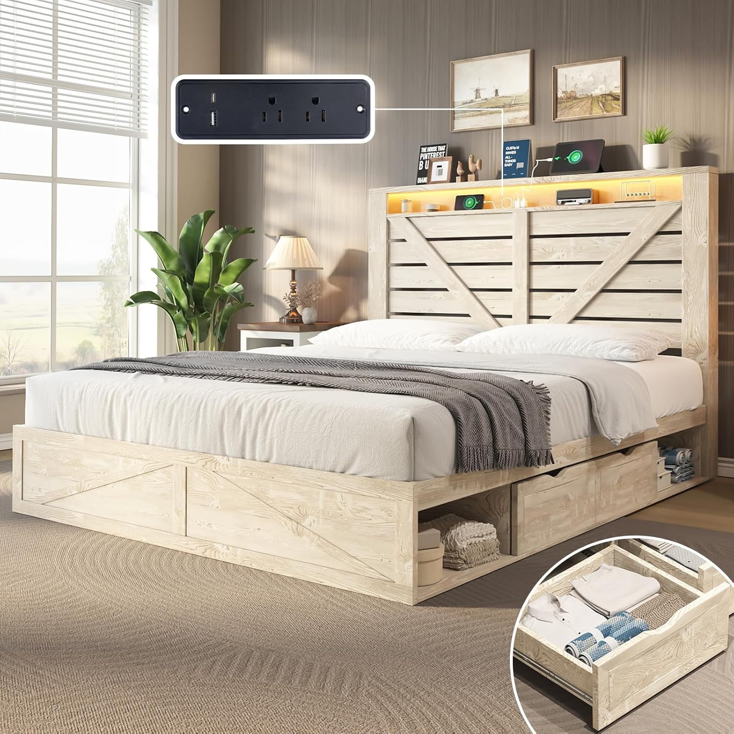 Merluxy Queen Size Bed Frame with Drawers & Storage Space & Charging Station, Wooden Slats, White