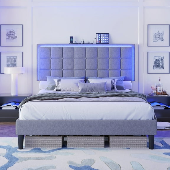 Merluxy Queen Size Button Tufted Platform Bed Frame with LED Lights, Upholstered Bed Frame with Charging Station, Wood Slat Support, Light Gray