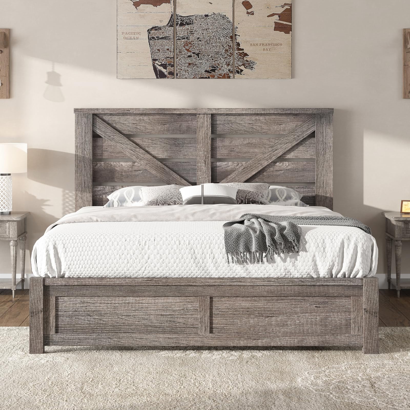 Merluxy Queen Size Farmhouse Bed Frame with Barn Door Headboard, Platform Bed Frame with Wood Slats, Under Bed Storage Space, Rustic Gray