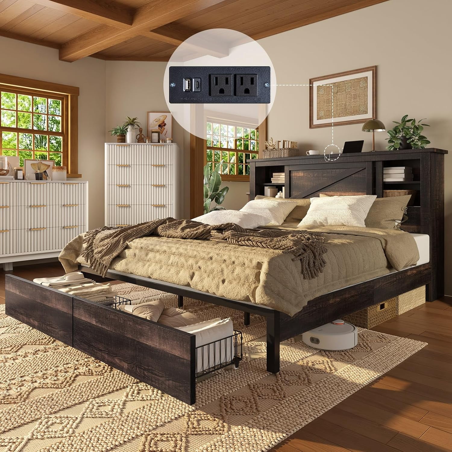 Merluxy Queen Size Farmhouse Bed Frame with Bookcase Headboard and ...