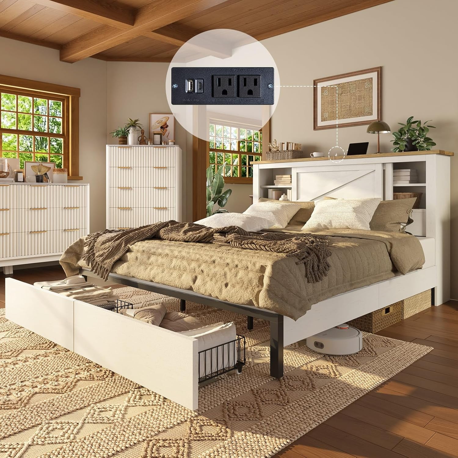Merluxy Queen Size Farmhouse Bed Frame with Bookcase Headboard and ...