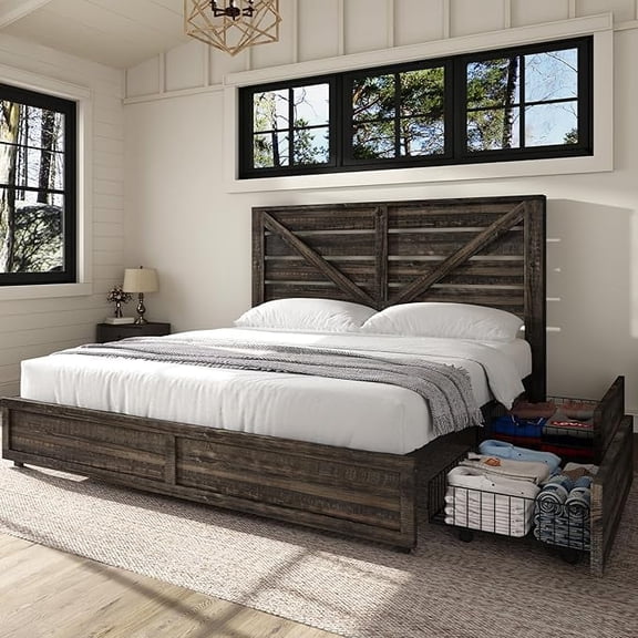 Merluxy Queen Size Farmhouse Bed Frame with Headboard, Wooden Storage Bedroom Furniture, Black
