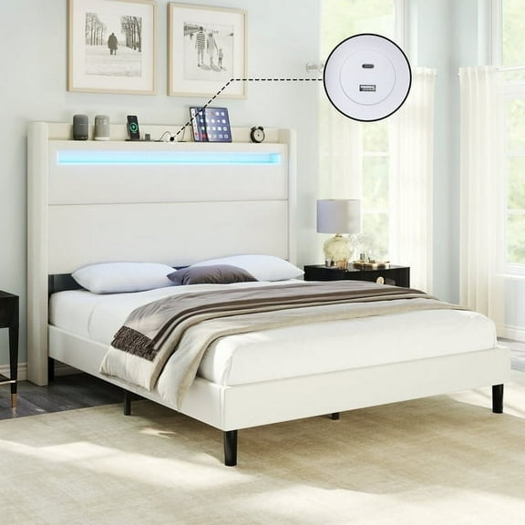 Merluxy Queen Size Floating Bed Frame, Queen Bed Frame with LED Lights, Heavy Duty Metal Platform Bed, No Box Spring Needed/Noise Free/White