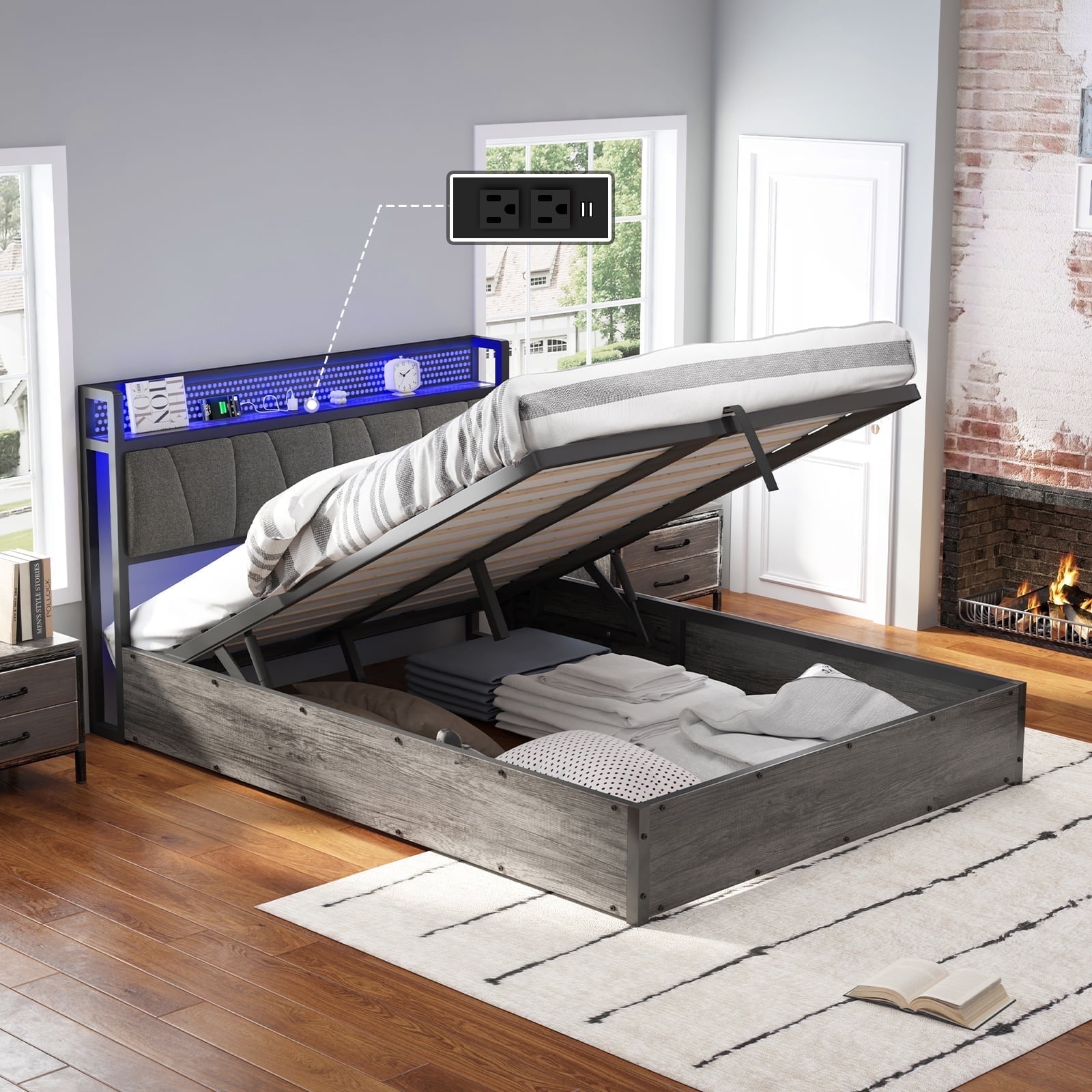 Merluxy Queen Size Lift Up Bed Frame with Linen Upholstered & LED Light ...