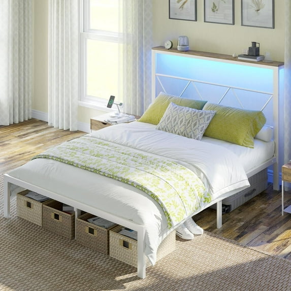 Merluxy Queen Size Metal Bed Frame with Headboard Shelf, Platform Bed Frame with LED Strip Light, 11" Underbed Height for Storage, Noise Free, White