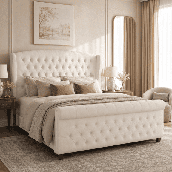Merluxy Queen Size Platform Bed Frame, Chenille Upholstered Sleigh Bed with Scroll Wingback Headboard & Footboard/Button Tufted, Easy Assembly/Cream