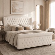 Merluxy Queen Size Platform Bed Frame, Chenille Upholstered Sleigh Bed with Scroll Wingback Headboard & Footboard/Button Tufted, Easy Assembly/Cream