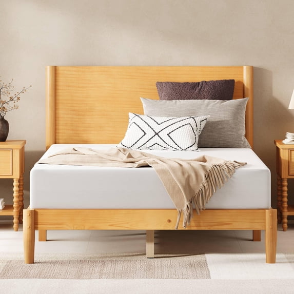 Merluxy Solid Wood Full Size Bed Frame, Mid Century Modern Bed with Full Panel Headboard, Under-Bed Storage, Natural Wood