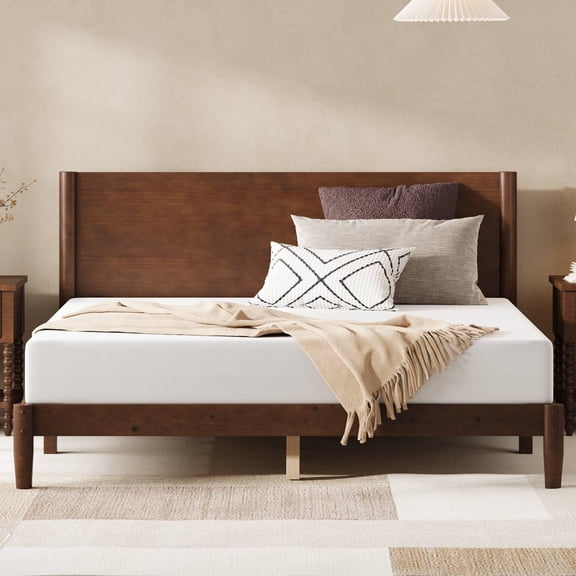 Merluxy Solid Wood Queen Size Bed Frame, Mid Century Modern Bed with Full Panel Headboard, Under-Bed Storage, Dark Walnut