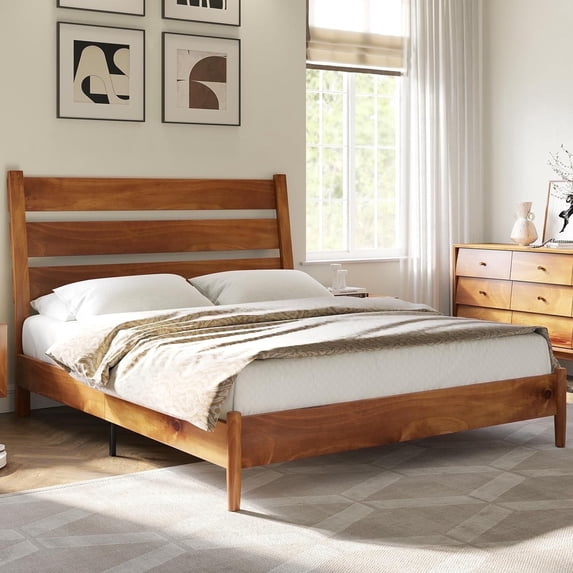 Merluxy Queen Size Solid Wood Bed Frame, Mid Century Platform Bed with Reclining Slatted Headboard, Wood Slat Support/Noise Free, Light Brown