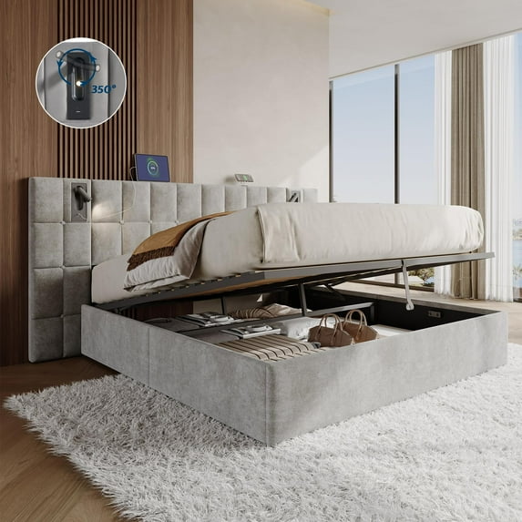Merluxy Queen Size Upholstered Bed Frame with Widened Headboard,Lift-Up Storage Bed and Built-In Reading Light, Velvet Platform Frame,Grey