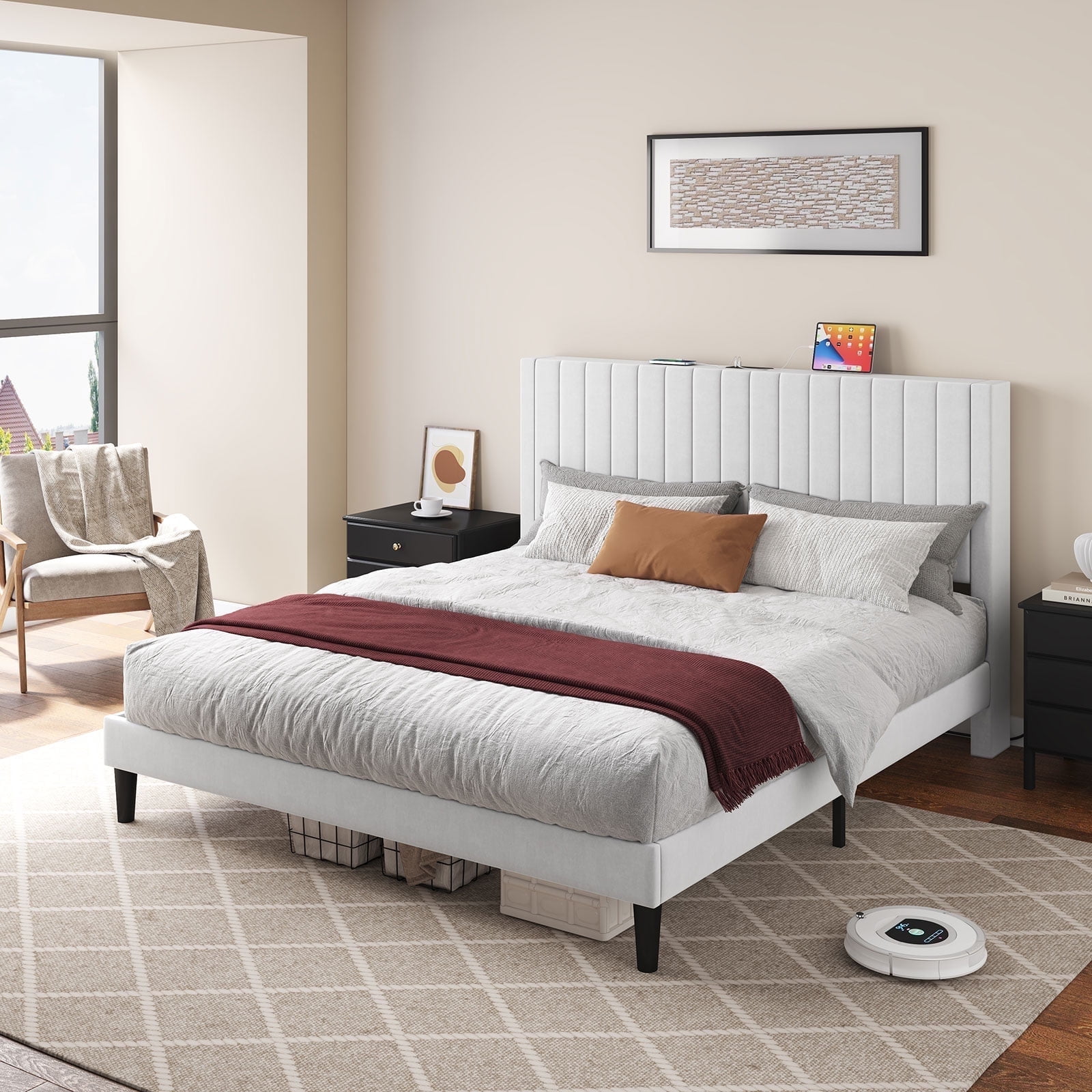 Merluxy Queen Size Velvet Bed Frame with Headboard, Charging Station, White