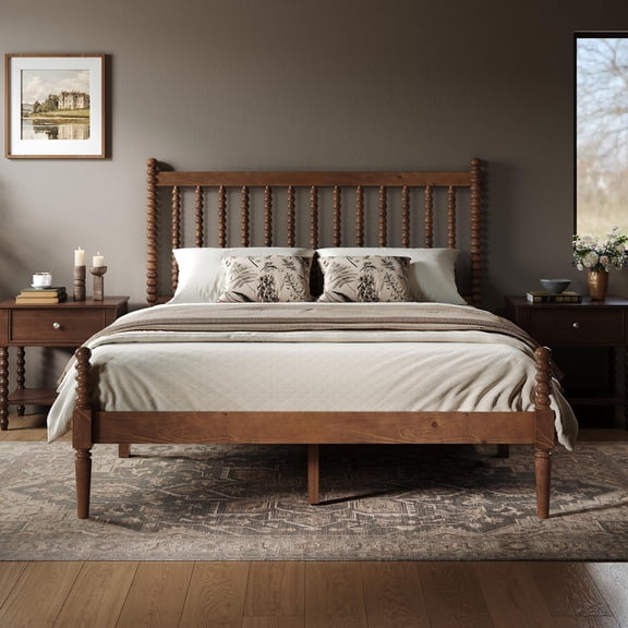Merluxy Queen Solid Wood Bed Frame with 47.2" Bobbin Spindle Headboard, Vertical Turned Posts, Heavy-Duty Wooden Slats Support, Noise-Free