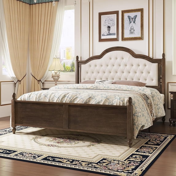 Merluxy Queen Solid Wood Bed Frame with Upholstered Headboard, No Box Spring, Easy Assembly, Walnut