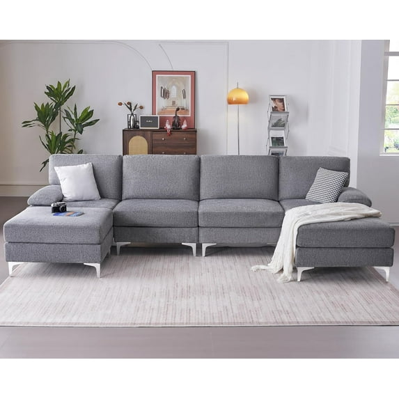 Merluxy Sectional Sofa, 6 Seater Couches with Ottomans, U Shaped Sofa for Living Room, Gray Chenille