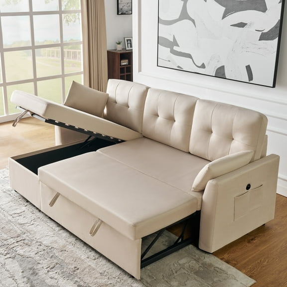 MERLUXY Sofa Bed, Reversible Pull Out Couch with Storage Chaise for living Room, 3 Seater, Beige