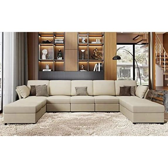 Merluxy Sectional U Shaped Couch with Ottomans, 9 Seats Sofa Couch for Living Room, Beige Chenille
