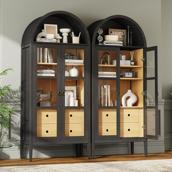 Merluxy Set of 2 Arched Storage Cabinet with Glass Door and Adjustable Shelf,Modern Bookshelf,Grey