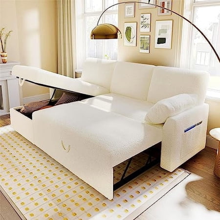 Merluxy Sleeper Sofa, Pull Out Couch Bed with Storage Chaise for Living Room Office- White Sherpa