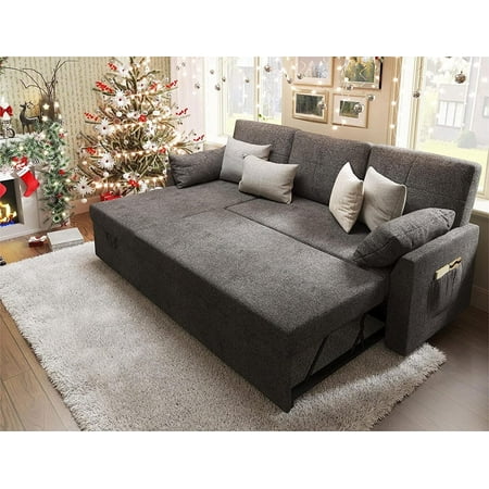 Merluxy Sleeper Sofa with Storage Chaise- Pull Out Couch Bed for Living Room, Gray Linen