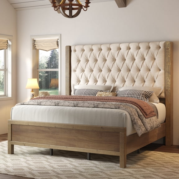Merluxy Solid Wood King Size Bed Frame, 57" Tall Farmhouse Upholstered Line Wingback Headboard, Deep Button Tufted, Easy Assembly, Gray Wash